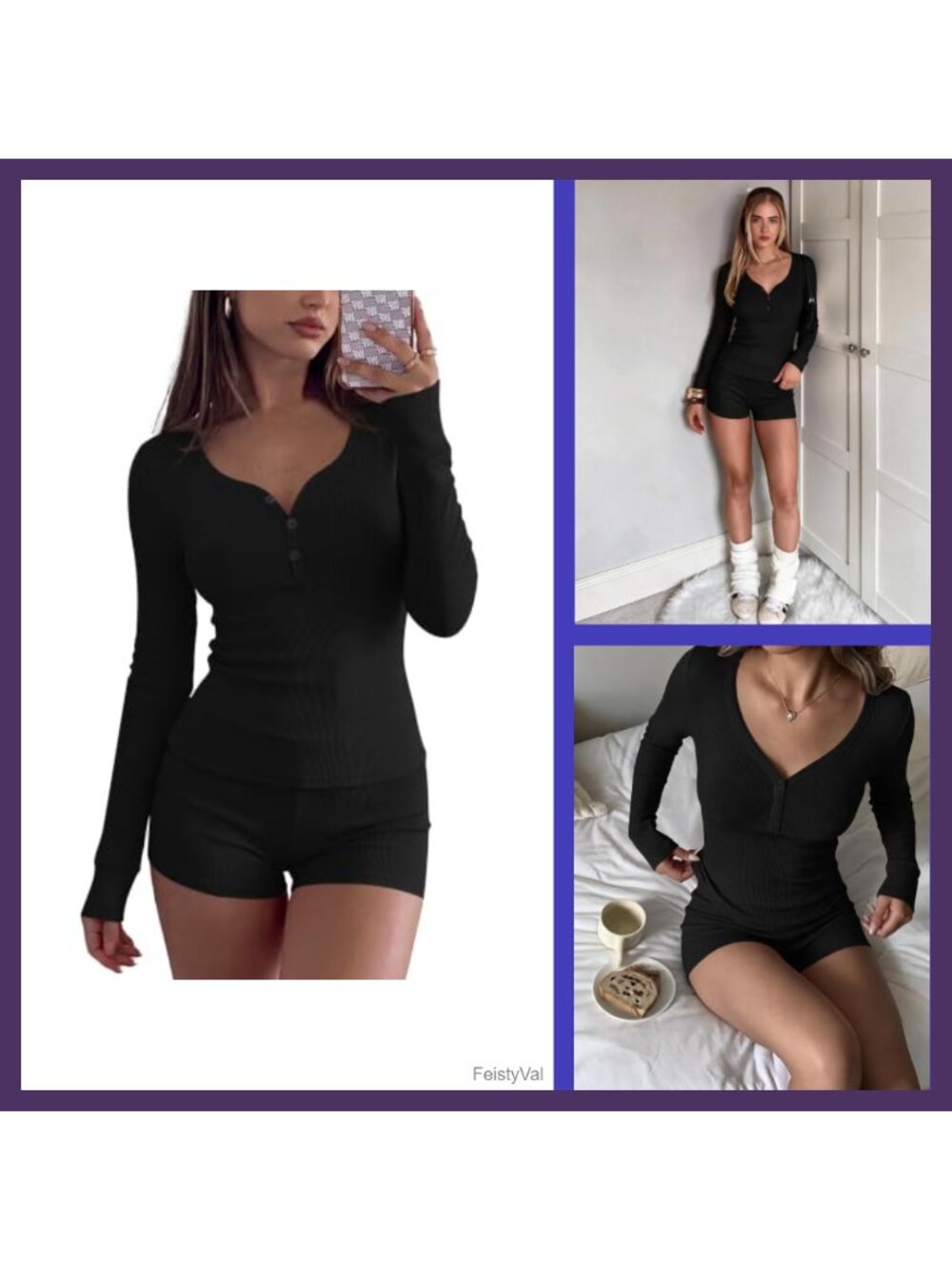 Ribbed Knit Pajama Set V Neck Long Sleeve Top and Shorts 2 Piece Lounge Set